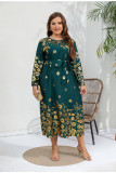 Plus Size Women Ethnic Loose Shiny Printed Long Sleeve Maxi Dress