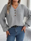 Fall and winter Women Casual loose v-neck buttoned lantern sleeve sweater