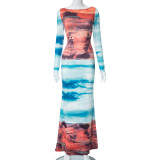 Women Fall Casual Hand Painted Printed Long Sleeve Round Neck Dress