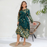 Plus Size Women Ethnic Loose Shiny Printed Long Sleeve Maxi Dress