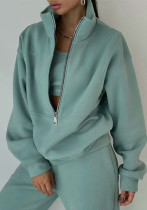 Women Fleece Long Sleeve Zipper Top and Pant Sports Casual Two-piece Set
