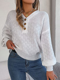 Fall and winter Women Casual loose v-neck buttoned lantern sleeve sweater