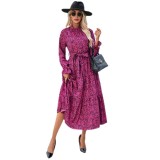 Women Printed Stand Collar Ruffled Long Sleeve Lace Up Dress
