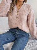Fall and winter Women Casual loose v-neck buttoned lantern sleeve sweater