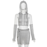 Fall Women sexy Solid knitting hooded Top and high waist Bodycon mini Skirt two-piece set