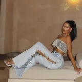 Women Hollow Chain Diamond Loose Straight Ripped Denim Pants