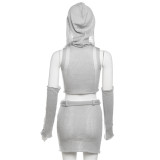 Fall Women sexy Solid knitting hooded Top and high waist Bodycon mini Skirt two-piece set