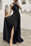 Pleated Halter Neck Party Dress Casual Loose Slit Women's Dress