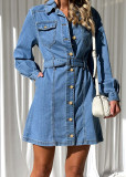 Fashionable Casual Button Tie Slim Fit Long Sleeve Denim Dress For Women