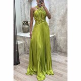 Pleated Halter Neck Party Dress Casual Loose Slit Women's Dress