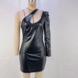 Women's Autumn And Winter Pu Leather Slash Shoulder Single Long Sleeve Sexy Slim Bodycon Women's Fashion Chic Dress