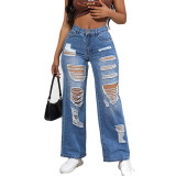 Autumn High Waisted Washed Retro Street Ripped Women's Girls Jeans