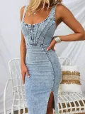 Short-Sleeved U-Neck Straps Casual Style Sexy Denim Dress
