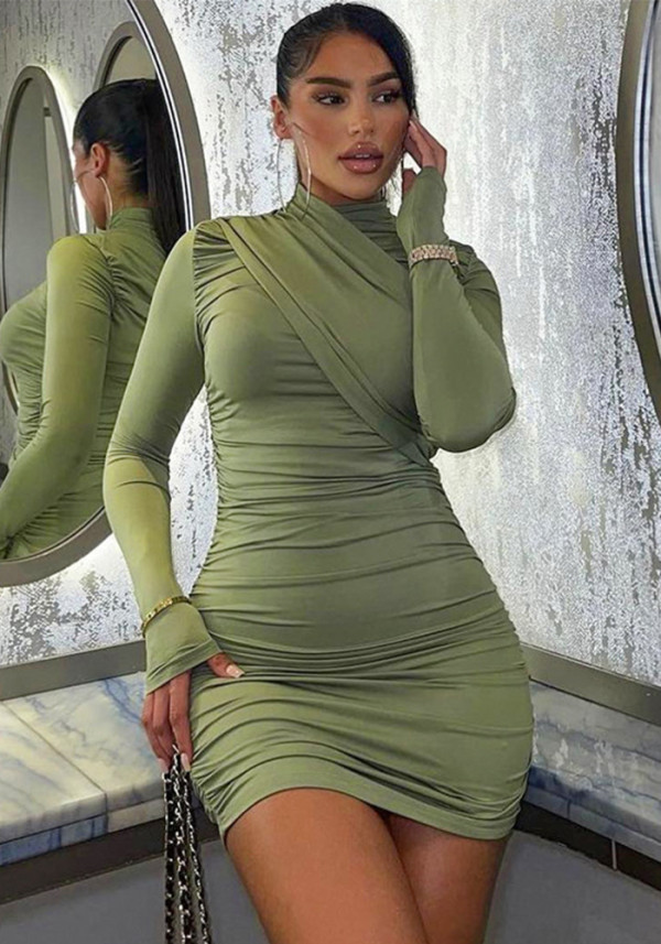 Autumn And Winter Solid Color Long-Sleeved Fashionable Pleated Slim-Fit Bodycon Dress