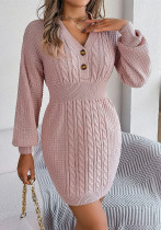 Autumn And Winter Buttoned V-Neck Lantern Sleeves Bodycon Sweater Dress Women's Clothing