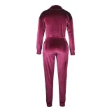 Women's Velvet Autumn And Winter Zipper Pocket Two Piece Tracksuit