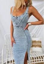 Short-Sleeved U-Neck Straps Casual Style Sexy Denim Dress