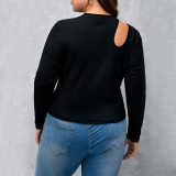 Plus Size Women's Black Ribbed Knitting Shirt Round Neck Long Sleeve Slim Fit Basics Hollow Top