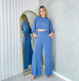 Women's Loose-Fitting Round Neck Long-Sleeved T-Shirt Wide-Leg Trousers Casual Two Piece Set