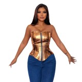 Women's Sexy Fashion Metallic Shiny Leather Strapless Chest Wrap Top Slim Vest Corset