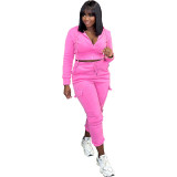 Women's Patchwork Fleece Casual Sports Hooded Two-Piece Tracksuit Set