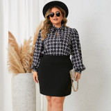 Fashion Long Sleeve Houndstooth Top And Skirt Suit For Women