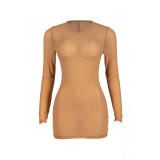 Autumn Solid Color Round Neck Long Sleeve Mesh Sexy Long Sleeve Bodycon Dress