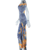 Slash Shoulder Tight Fitting Dress Printed Maxi Bodycon Women Dress
