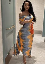Slash Shoulder Tight Fitting Dress Printed Maxi Bodycon Women Dress