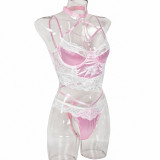 Women's Halter Neck Cross Straps Lace Patchwork Sweet And Cute Underwear Two-Piece Lingerie Set
