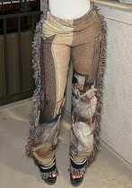 Women's Autumn Casual Fashion Multi-Color Pattern Tassel Fleece Pants