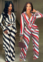 Women's Fashion Printed Casual Striped Wide Leg Pants Two Piece Set