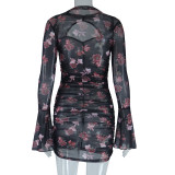 Round Neck Tight Fitting Mesh Bell Bottom Long Sleeve Bodycon Printed Sexy Hollow Dress For Women