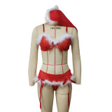 Sexy White Fur Trim Bikini Garter Christmas Lingerie Set
