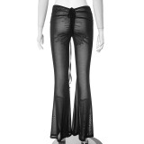 Women's Autumn Solid Color Sexy Mesh Lace-Up Low Waist Slim Fit See-Through Pants