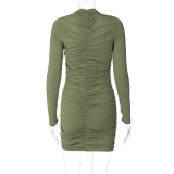 Autumn And Winter Solid Color Long-Sleeved Fashionable Pleated Slim-Fit Bodycon Dress