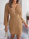 Autumn And Winter Buttoned V-Neck Lantern Sleeves Bodycon Sweater Dress Women's Clothing