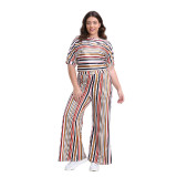 Plus Size Women Casual Short Sleeve Top And Striped Wide Leg Pants Two-piece Set
