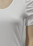 Women Summer Ribbed Puff Sleeve V-Neck Short Sleeve T-Shirt
