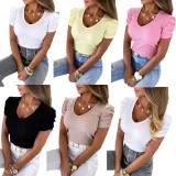 Women Summer Ribbed Puff Sleeve V-Neck Short Sleeve T-Shirt