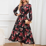 Women Balloon Sleeve Stand Collar Lace Floral Maxi Dress