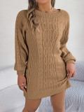 Women Autumn and Winter Solid Twist Lantern Sleeve Sweater Dress
