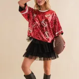 Women Summer Sequined Loose Round Neck Half Sleeve T-Shirt