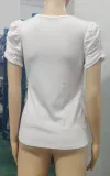 Women Summer Ribbed Puff Sleeve V-Neck Short Sleeve T-Shirt