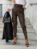 Women autumn and winter pocket pu leather trousers