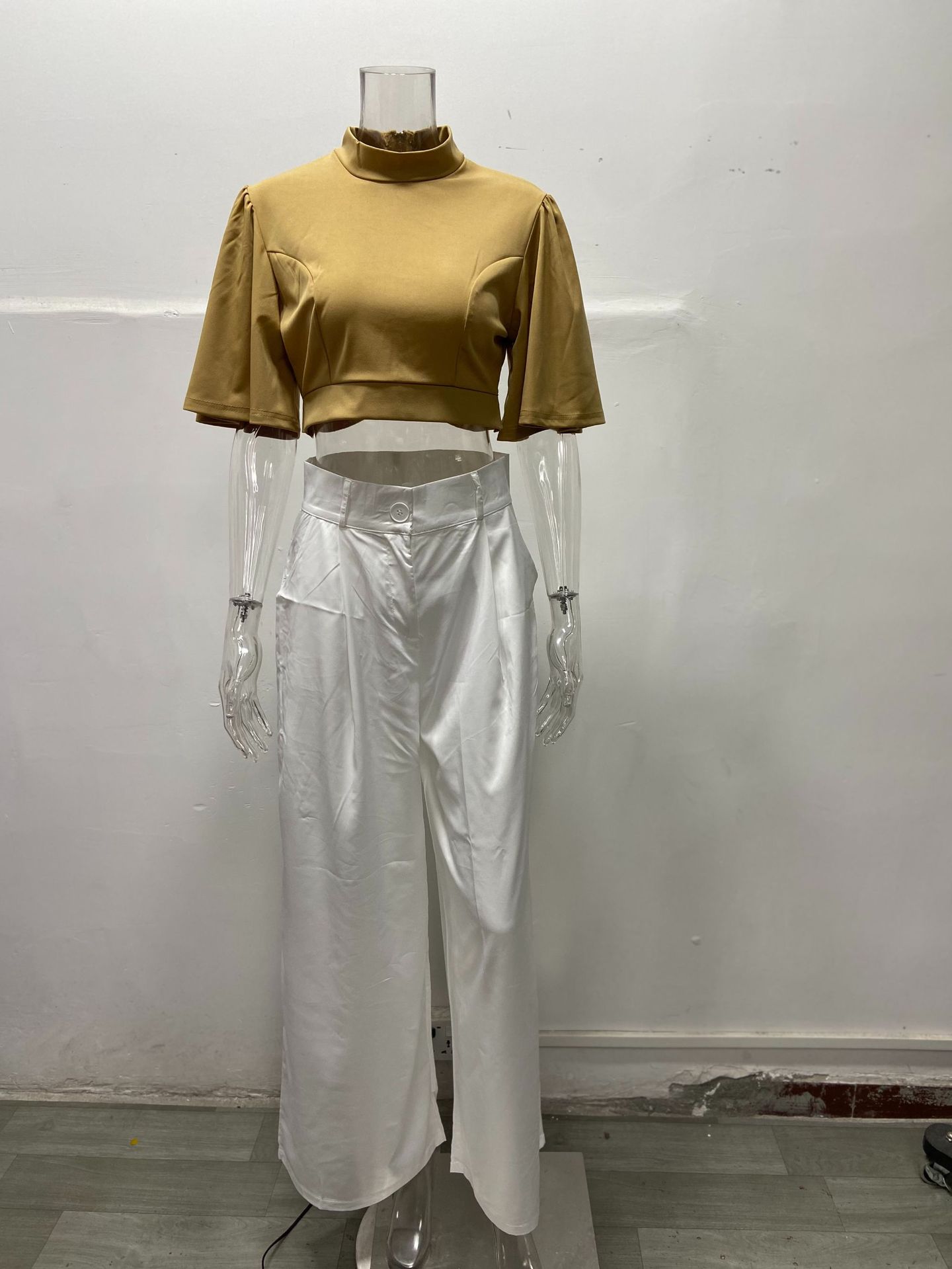 Summer Women Solid sexy crop top and loose wide leg pants two