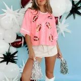 Women Summer Sequined Loose Round Neck Half Sleeve T-Shirt