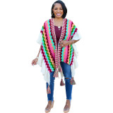 Women Autumn and Winter Geometric Knitting Crochet Tassel Cardigan Cape Jacket