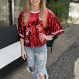 Women Summer Sequined Loose Round Neck Half Sleeve T-Shirt