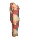 Women suspender skirt sexy Mesh abstract print long-sleeved dress two-piece set